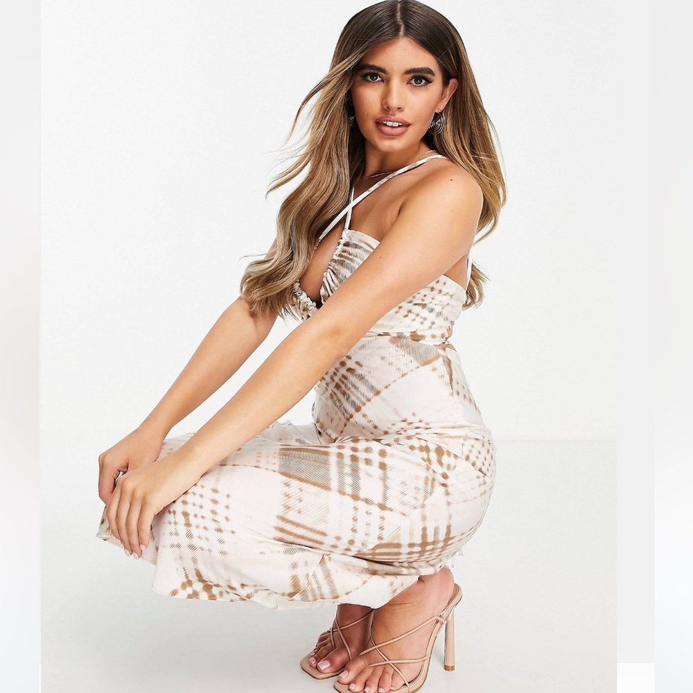 ASOS Cross Front Halter Satin Midi Dress with Tie Back Detail